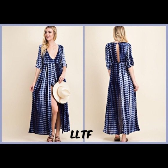 Tie Dye Romper/Maxi Dress- NAVY - Picture 3 of 6